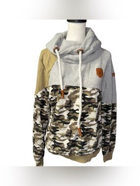 Wanakome Reyene Colorblock Cowl Neck Pullover Hoodie Camo Print Women’s sz Large